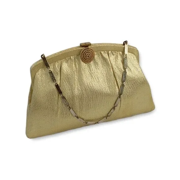 Harry Lavine Women's Gold Metalic Clutch Handbag W/ Chain Handles & Clasp Close. - Picture 3 of 14